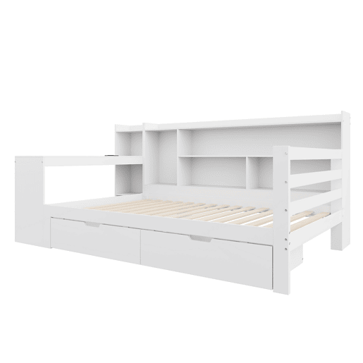 Sofá-cama 90 x 200 cm - Com secretária, estante, compartimentos e tomada - Branco