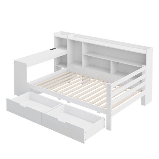 Sofá-cama 90 x 200 cm - Com secretária, estante, compartimentos e tomada - Branco