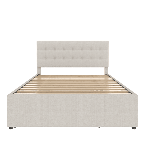 Cama estofada 140x200cm - Cama de casal, com três gavetas, cama extensível, cabeceira ajustável, sem colchão - Bege