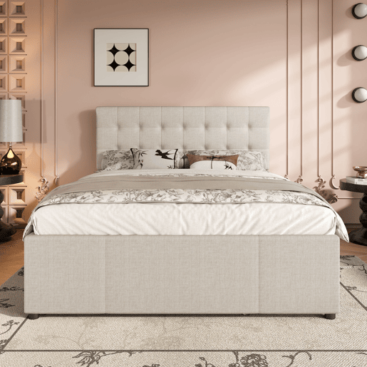 Cama estofada 140x200cm - Cama de casal, com três gavetas, cama extensível, cabeceira ajustável, sem colchão - Bege