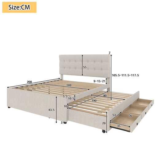 Cama estofada 140x200cm - Cama de casal, com três gavetas, cama extensível, cabeceira ajustável, sem colchão - Bege
