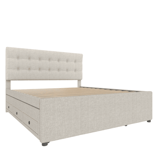 Cama estofada 140x200cm - Cama de casal, com três gavetas, cama extensível, cabeceira ajustável, sem colchão - Bege