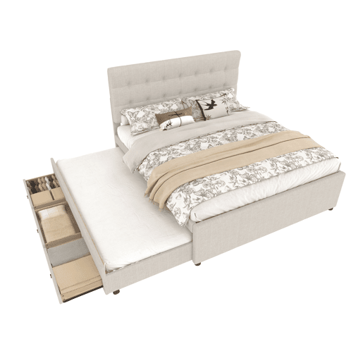 Cama estofada 140x200cm - Cama de casal, com três gavetas, cama extensível, cabeceira ajustável, sem colchão - Bege