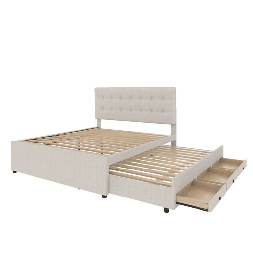 Cama estofada 140x200cm - Cama de casal, com três gavetas, cama extensível, cabeceira ajustável, sem colchão - Bege
