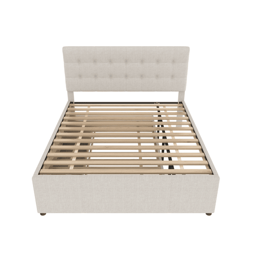 Cama estofada 140x200cm - Cama de casal, com três gavetas, cama extensível, cabeceira ajustável, sem colchão - Bege