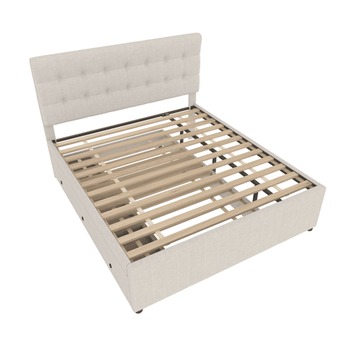 Cama estofada 140x200cm - Cama de casal, com três gavetas, cama extensível, cabeceira ajustável, sem colchão - Bege