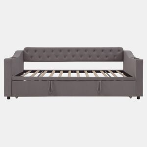 Sofá-cama 90180*190 cm - Braço mais largo e espesso com porta USB, armazenamento integrado nos braços, com bolsos, com estrado - Cinza escuro
