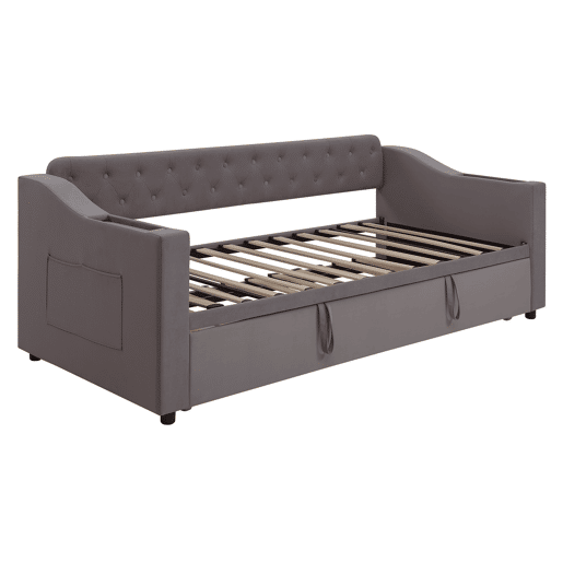 Sofá-cama 90180*190 cm - Braço mais largo e espesso com porta USB, armazenamento integrado nos braços, com bolsos, com estrado - Cinza escuro