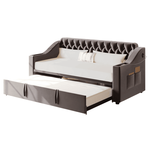 Sofá-cama 90180*190 cm - Braço mais largo e espesso com porta USB, armazenamento integrado nos braços, com bolsos, com estrado - Cinza escuro