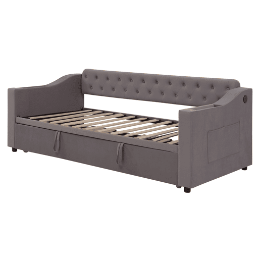 Sofá-cama 90180*190 cm - Braço mais largo e espesso com porta USB, armazenamento integrado nos braços, com bolsos, com estrado - Cinza escuro