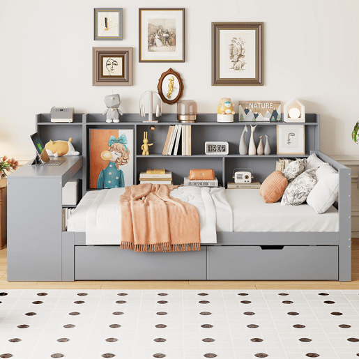 Sofá-cama 90 x 200 cm - Com secretária, estante, compartimentos e tomada elétrica - Cinza