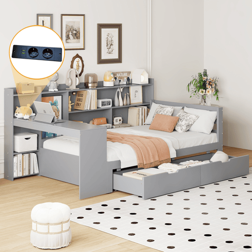 Sofá-cama 90 x 200 cm - Com secretária, estante, compartimentos e tomada elétrica - Cinza