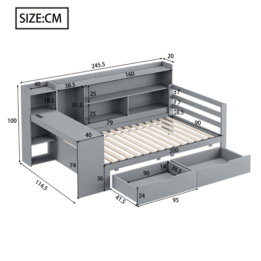 Sofá-cama 90 x 200 cm - Com secretária, estante, compartimentos e tomada elétrica - Cinza