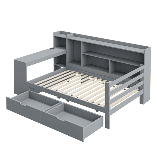 Sofá-cama 90 x 200 cm - Com secretária, estante, compartimentos e tomada elétrica - Cinza