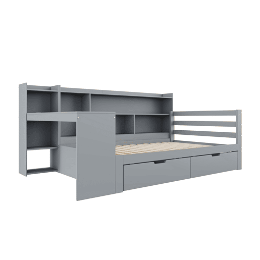 Sofá-cama 90 x 200 cm - Com secretária, estante, compartimentos e tomada elétrica - Cinza
