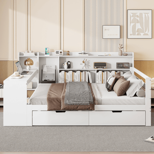 Sofá-cama 140 x 200 cm - Com secretária, estante, compartimentos e tomada - Branco