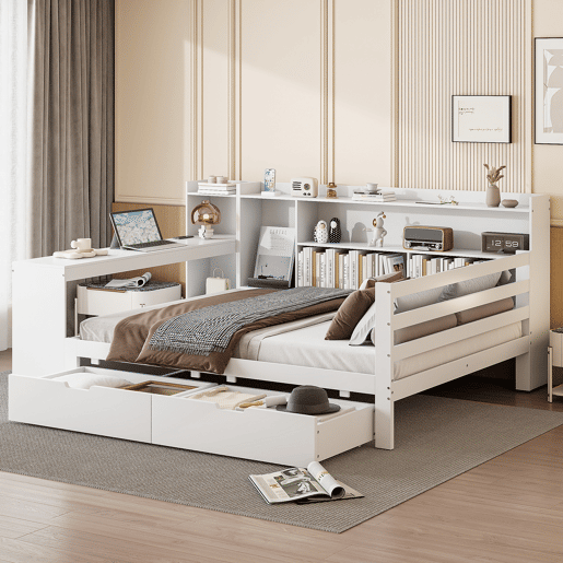 Sofá-cama 140 x 200 cm - Com secretária, estante, compartimentos e tomada - Branco