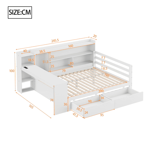 Sofá-cama 140 x 200 cm - Com secretária, estante, compartimentos e tomada - Branco