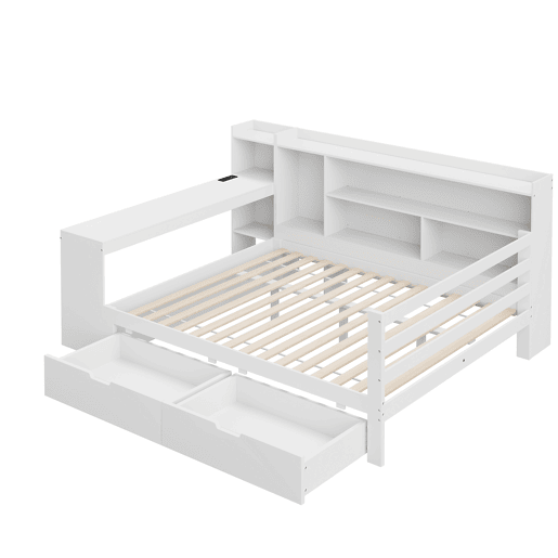 Sofá-cama 140 x 200 cm - Com secretária, estante, compartimentos e tomada - Branco