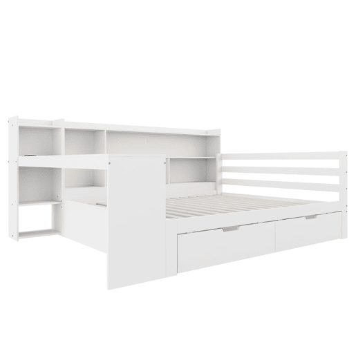 Sofá-cama 140 x 200 cm - Com secretária, estante, compartimentos e tomada - Branco