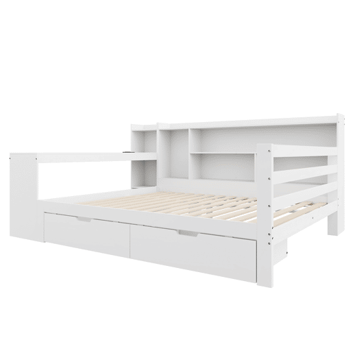 Sofá-cama 140 x 200 cm - Com secretária, estante, compartimentos e tomada - Branco