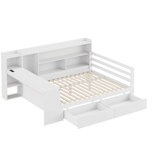 Sofá-cama 140 x 200 cm - Com secretária, estante, compartimentos e tomada - Branco