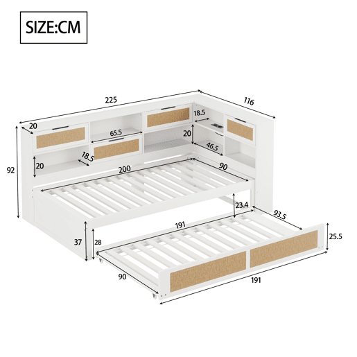 Sofá-cama em madeira 90*200 cm - Com cama extraível, compartimentos de arrumação e porta de carregamento - Branco