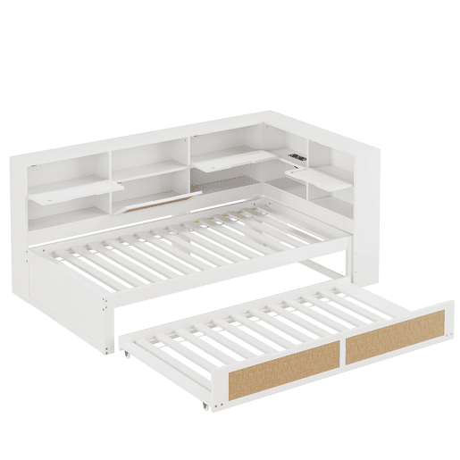 Sofá-cama em madeira 90*200 cm - Com cama extraível, compartimentos de arrumação e porta de carregamento - Branco