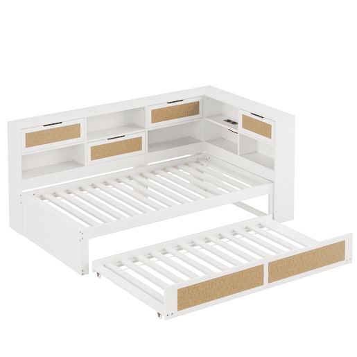 Sofá-cama em madeira 90*200 cm - Com cama extraível, compartimentos de arrumação e porta de carregamento - Branco