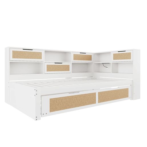 Sofá-cama em madeira 90*200 cm - Com cama extraível, compartimentos de arrumação e porta de carregamento - Branco