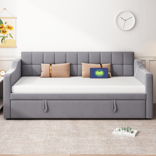 Sofá-cama 90180 - Multifuncional com tomada e bolsa de armazenamento - Cinza Samtstoff