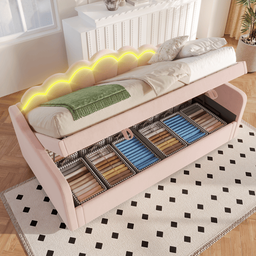 Sofá-cama 90x200 cm - Cama hidráulica com arrumação, LED alterável - Rosa