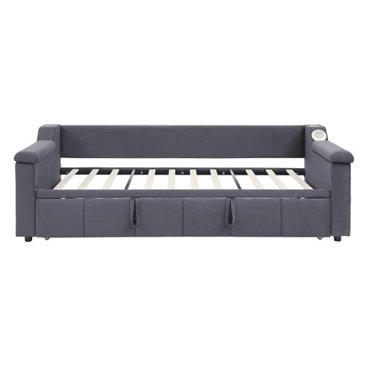 Sofá-cama 90180x190 cm - Braços mais largos e grossos, Com sistema Bluetooth Smart e porta USB, Com compartimentos, Com estrado, Tecido de veludo - Cinza