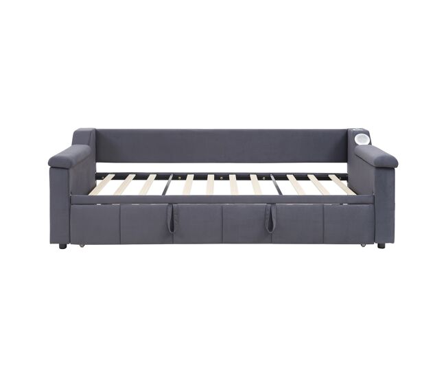 Sofá cama 90/180x190 cm - brazos más anchos y gruesos, con sistema bluetooth smart y puerto usb, con compartimentos, con somier, tejido de terciopelo
