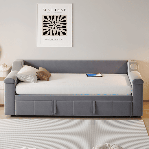 Sofá-cama 90180x190 cm - Braços mais largos e grossos, Com sistema Bluetooth Smart e porta USB, Com compartimentos, Com estrado, Tecido de veludo - Cinza