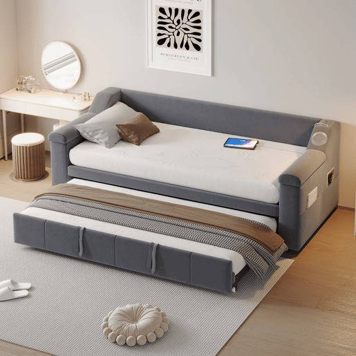 Sofá-cama 90180x190 cm - Braços mais largos e grossos, Com sistema Bluetooth Smart e porta USB, Com compartimentos, Com estrado, Tecido de veludo - Cinza