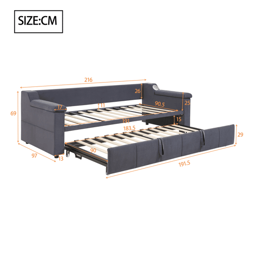 Sofá-cama 90180x190 cm - Braços mais largos e grossos, Com sistema Bluetooth Smart e porta USB, Com compartimentos, Com estrado, Tecido de veludo - Cinza