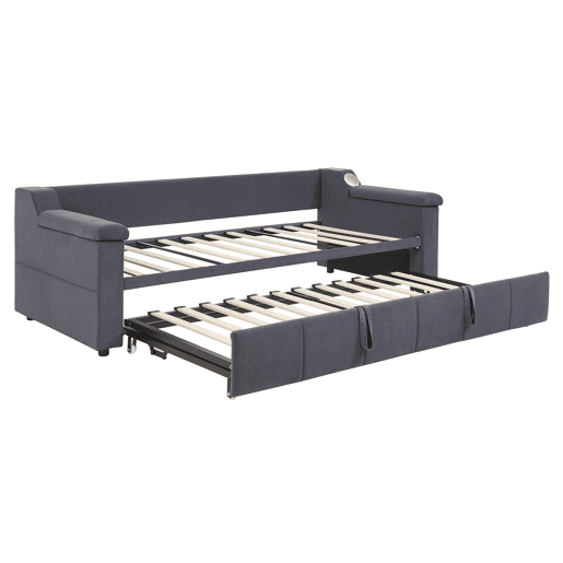 Sofá-cama 90180x190 cm - Braços mais largos e grossos, Com sistema Bluetooth Smart e porta USB, Com compartimentos, Com estrado, Tecido de veludo - Cinza