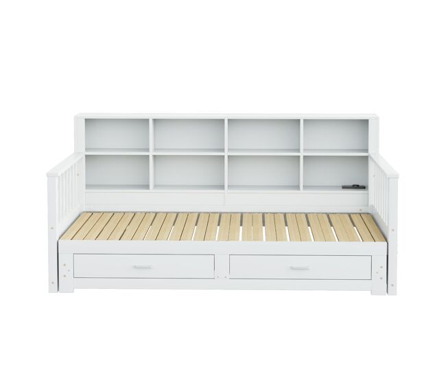 Sofá cama extensible 90/180x190 cm - con almacenamiento y enchufe en el brazo, 2 cajones y somier - blanco