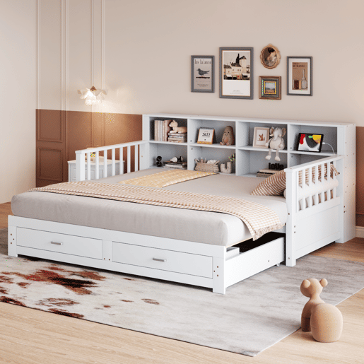 Sofá-cama extensível 90180x190 cm - com arrumação e tomada no braço, 2 gavetas e estrado - Branco