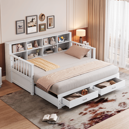 Sofá-cama extensível 90180x190 cm - com arrumação e tomada no braço, 2 gavetas e estrado - Branco