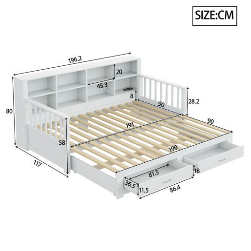 Sofá-cama extensível 90180x190 cm - com arrumação e tomada no braço, 2 gavetas e estrado - Branco