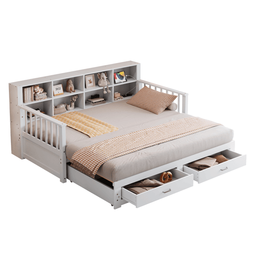 Sofá-cama extensível 90180x190 cm - com arrumação e tomada no braço, 2 gavetas e estrado - Branco