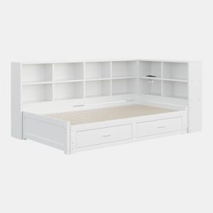 Sofá-cama multifuncional 90180*190 cm - Com cama extraível, compartimento de arrumação, tomada euro, gavetas, estrado - Branco