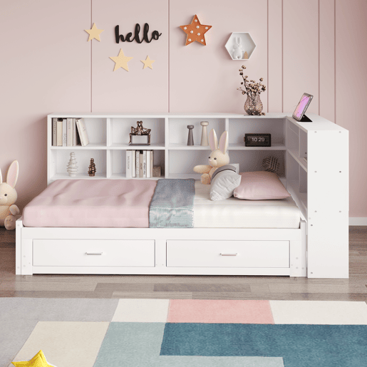 Sofá-cama multifuncional 90180*190 cm - Com cama extraível, compartimento de arrumação, tomada euro, gavetas, estrado - Branco