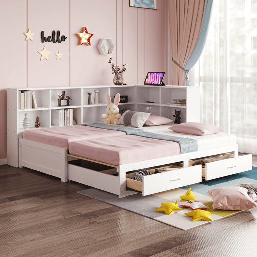 Sofá-cama multifuncional 90180*190 cm - Com cama extraível, compartimento de arrumação, tomada euro, gavetas, estrado - Branco