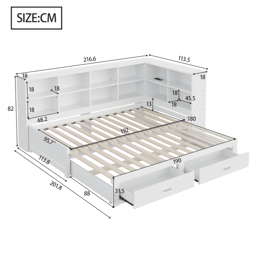 Sofá-cama multifuncional 90180*190 cm - Com cama extraível, compartimento de arrumação, tomada euro, gavetas, estrado - Branco