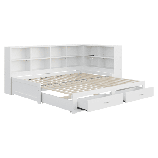 Sofá-cama multifuncional 90180*190 cm - Com cama extraível, compartimento de arrumação, tomada euro, gavetas, estrado - Branco