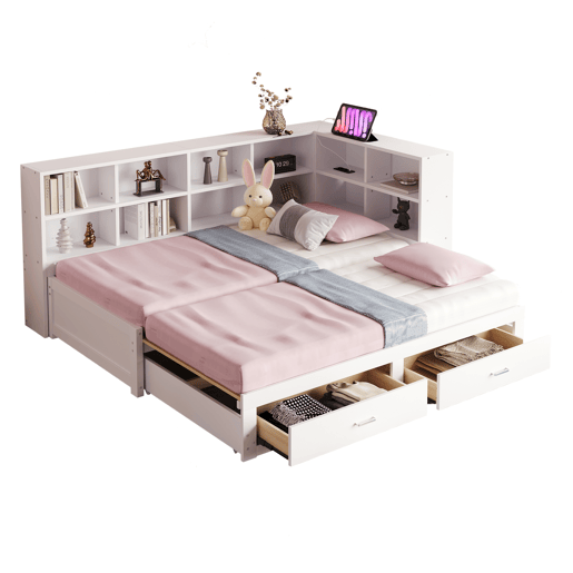Sofá-cama multifuncional 90180*190 cm - Com cama extraível, compartimento de arrumação, tomada euro, gavetas, estrado - Branco