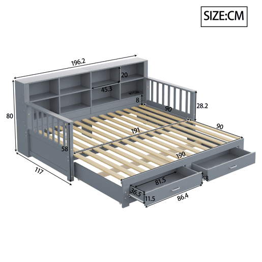 Sofá-cama extensível 90180x190 cm - Com armário de arrumação, 2 gavetas e estrado, multifuncional - Cinza